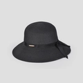Dettaglio cappello di paglia nero con fiocco in raso e piccola placca in metallo oro - M (56-58cm) / Nero