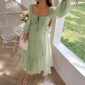 Green long sleeve tier dress with square neck and flowy skirt for beach vacations - S / Green