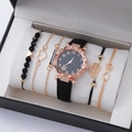 Women's quartz watch with black dial and 5-piece charm bracelet set in elegant gift box - Style 6 (No Gift Box)