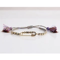 Macro detail of MOM bracelet with colorful zircons and adjustable woven rope band - New Bead Chain / Colorful
