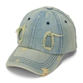Close-up of light blue washed denim baseball cap with distressed ripped holes details - One Size (56-60cm) / Washed Blue (E)