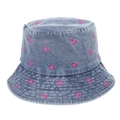 Blue denim bucket hat featuring pink butterfly embroidery for casual summer style. - 59cm / Dark Blue