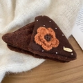 Detail of plush triangle hair claw with orange crochet flower and white polka dots - Hair Claw - Orange & Dark Coffee (Coffee Brown Base White Polka Dot with Orange Flower)