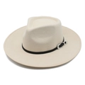 Chapeau fedora classique en laine beige avec ruban en cuir noir et boucle argentée - M (56-58cm) / Blanc Cassé