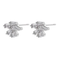 Macro shot of silver baguette-cut zircon cluster earrings with asymmetric geometric design - VE866 Radial Cluster / Silver