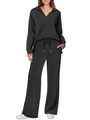 Women's two-piece black lounge set with V-neck long sleeve hoodie and wide-leg sweatpants - XS / Top And Bottom / Black