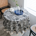 Round cotton linen tablecloth with black tropical palm pattern and tassel fringe detail - 120cm Round / Black Coconut Tree with Tassels