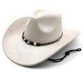 Detail view of ethnic suede cowboy hat featuring gold-black woven band and pearl accent - M (56-58cm) / Beige