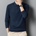 Men's navy blue long sleeve knit polo sweater with ribbed cuffs in a casual business style - M / Heather Blue