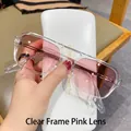Double bridge pilot sunglasses with transparent frames and pink gradient lenses - Transparent Frame Pink Lens