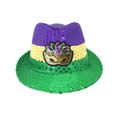 Fedora à paillettes Mardi Gras avec rayures violettes, dorées et vertes et patch plume - Taille unique / Chapeau de jazz style masque A