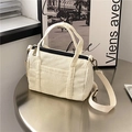 Borsa Boston retrò in velluto a coste bianco crema con tracolla e manici superiori - Bianco Sporco