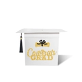 Close-up of white graduation card box shaped like a mortarboard with black tassel and gold text - Congrats GRAD (Black Tassel) / White