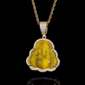 Gold plated Laughing Buddha pendant necklace with yellow opal and pave zirconia crystals - Gold Golden Yellow Stone / 18 Inch 3mm Rope Chain