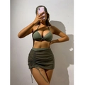 Detail of olive green 3-piece bikini set with sheer mesh drawstring sarong skirt - S / Army Green