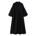 Schwarzes Kleid mit Rundhalsausschnitt, Knopfleiste, Plissee-Details und Puffärmeln - S / Schwarz