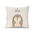Linen pillowcase featuring cute cartoon hedgehog and Be Unique text in beige fabric - Hedgehog