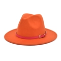 Detailed view of the bright orange fedora hat featuring a pink leather belt with a gold buckle - M(56-58cm) / Orange