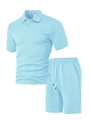 Men's sky blue jacquard knit Polo shirt and shorts set with geometric texture - Light Blue