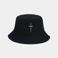 Close-up of PEACE embroidery on black cotton bucket hat with high-quality canvas texture - Black