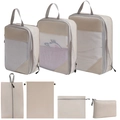Beige 7-piece travel organizer set with mesh packing cubes and drawstring laundry bags - 7-Piece Set (includes Digital Bag) / Beige
