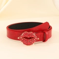 Y2K red faux crocodile leather belt with sparkling rhinestone lip-shaped metal buckle - Red Lips Rhinestone Buckle (Red Stone Pattern)