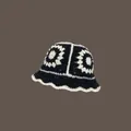 Handmade crochet knit bucket hat in black with large white sunflower patterns and wavy brim - One Size / Black Five Flowers Hat