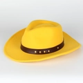 Detail of yellow felt cowboy hat featuring brown leather band with gold metal rivets - Adjustable / Yellow