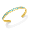 Bracciale rigido aperto dorato con motivi floreali in smalto azzurro su sfondo bianco - Blu