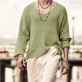 Men's light green V-neck mesh knit sweater with long sleeves in a relaxed vacation style - M / Army Green