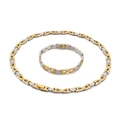 Two-tone titanium steel jewelry set featuring X-link necklace and matching bracelet - Two Tone Gold Silver Geometric Link Style (KS189627-YZ)