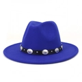 Detail of blue wool fedora hat featuring a vintage leather belt with silver metal studs - Sapphire Blue