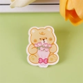 Cute cream yellow acrylic bear pin holding pink tulips, cartoon badge for bag decoration - Bouquet Bear