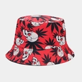Detailed close-up of a red bucket hat featuring skull and leaf patterns with clean stitching - M / 12# Red Skull Print