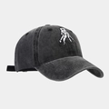 Macro view of detailed palm embroidery on washed charcoal grey vintage cotton baseball cap - Black