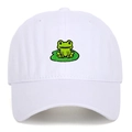 Close-up of a green frog on a lily pad embroidery on a white cotton baseball cap - White