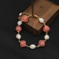 Pink gemstone and baroque pearl bracelet with 18k gold-plated wire wrapping - Watermelon Red Wire Wrapped Freshwater Pearl Bracelet