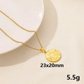 Gold stainless steel necklace with textured round pendant on white porcelain plate - Hammered Texture Round Disc (S421-G+N22-G)