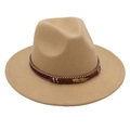 Detail of khaki wool felt hat featuring woven band and gold feather metal buckle - Camel (Gold Feather)