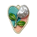 French vintage heart pendant with enamel floral design and a large white pearl center - Pink-Green Heart Pearl Leaf-22103