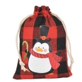 Red and black plaid drawstring gift bag featuring a cute cartoon penguin illustration - Red & Black Plaid - Black Penguin