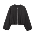 Detail of black long-sleeve bomber jacket with ribbed cuffs and round neck design - XS / Black