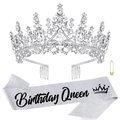 Silver Birthday Queen set featuring a glitter sash and a sparkling rhinestone tiara crown - Black Font Queen (Italic) Silver Set