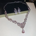 Close-up of sparkling silver leaf necklace and earrings set with pink teardrop gems - Necklace-Pink (2-Piece Set) / Pink