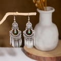 Detail view of bohemian vintage silver tassel earrings with turquoise beads and rhinestones - E2874-11/Turquoise Long Tube