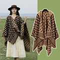 Poncho ethnique à capuche en maille avec motifs géométriques marron et beige pour voyage - Couleur 57