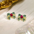 Elegant gold bow earrings with pink stones and colorful rhinestones on silk - Pink Bow Knot Colorful Gem Studs