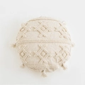 Beige round boho pillow cover with tufted geometric pattern and tassel fringe detailing - Daman (Round) Diameter 45cm
