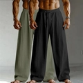 Détail du pantalon en lin ample avec taille à cordon et coupe large pour hommes - Vert+Noir