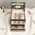 Three-layer dark green leather jewelry organizer box with soft pink velvet interior - Dark Green